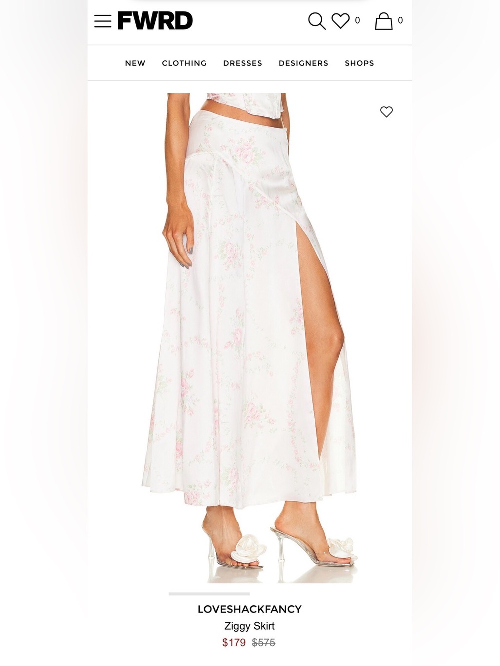🪞LOVESHACKFANCY 100% silk white floral maxi skirt/Open front slit detail Size00🪞